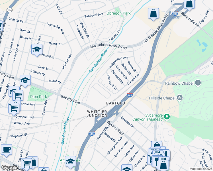 map of restaurants, bars, coffee shops, grocery stores, and more near 9900 Tagus Street in Pico Rivera