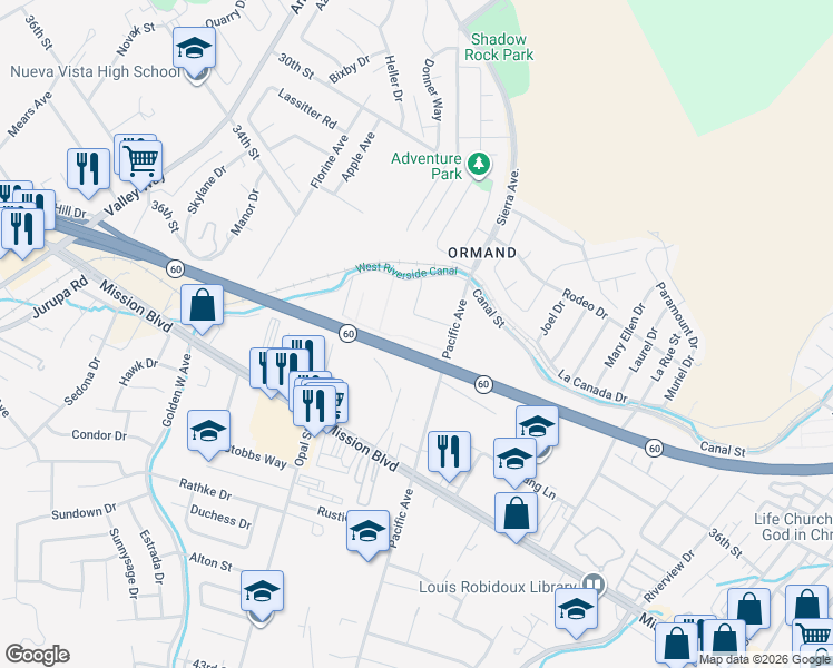 map of restaurants, bars, coffee shops, grocery stores, and more near 3363 Lakota Lane in Jurupa Valley