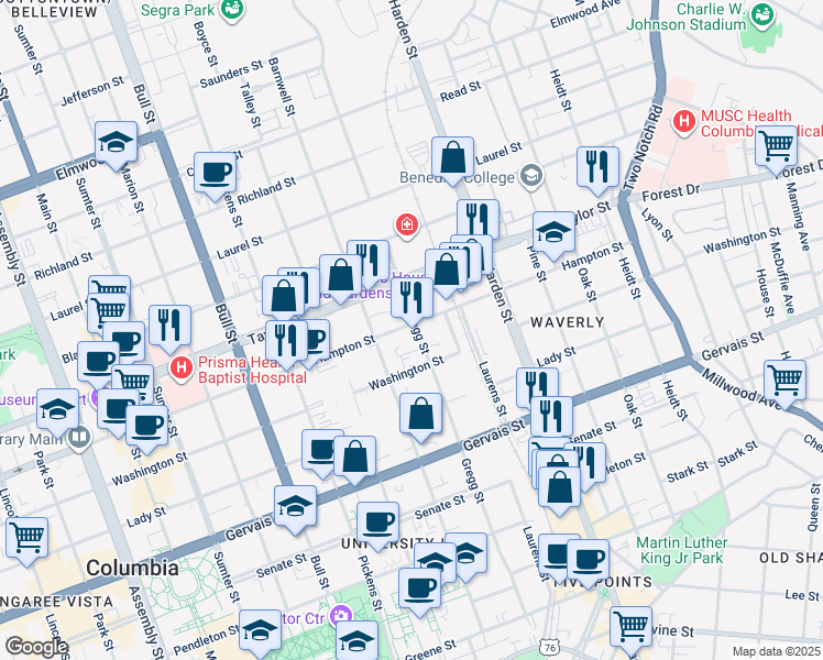 map of restaurants, bars, coffee shops, grocery stores, and more near 1427 Gregg Street in Columbia
