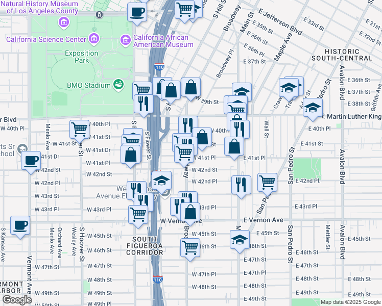 map of restaurants, bars, coffee shops, grocery stores, and more near 4152 South Broadway in Los Angeles