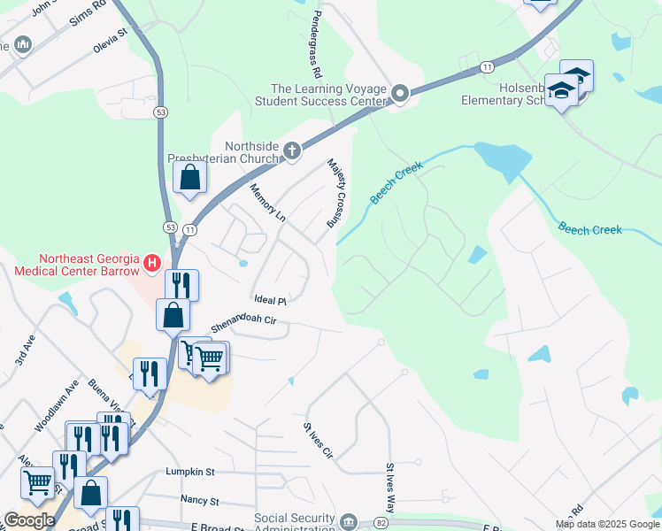 map of restaurants, bars, coffee shops, grocery stores, and more near 264 Memory Lane in Winder