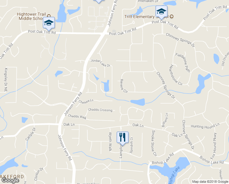 map of restaurants, bars, coffee shops, grocery stores, and more near 4047 Jordan Lake Drive in Marietta