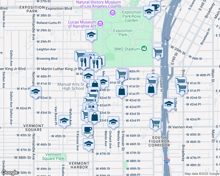 map of restaurants, bars, coffee shops, grocery stores, and more near 851 West 41st Drive in Los Angeles