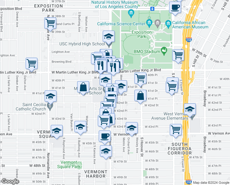 map of restaurants, bars, coffee shops, grocery stores, and more near 923 West 41st Drive in Los Angeles