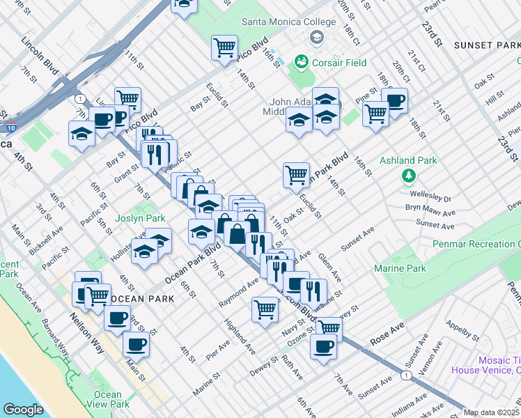 map of restaurants, bars, coffee shops, grocery stores, and more near 1034 Ocean Park Boulevard in Santa Monica