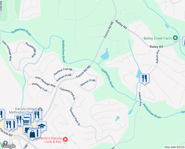 map of restaurants, bars, coffee shops, grocery stores, and more near 237 River Pass Court Northeast in Dacula