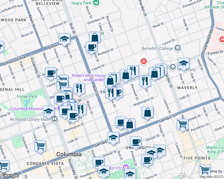 map of restaurants, bars, coffee shops, grocery stores, and more near 1611 Hampton Street in Columbia