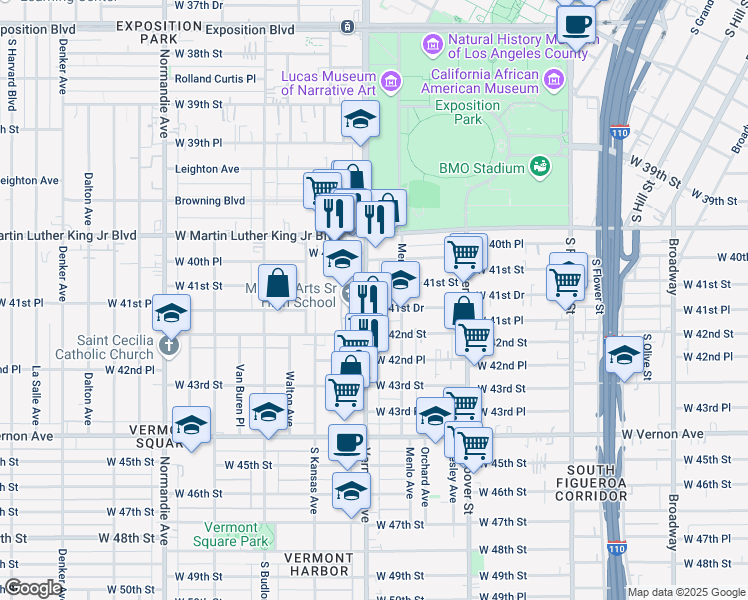 map of restaurants, bars, coffee shops, grocery stores, and more near 4100 South Vermont Avenue in Los Angeles