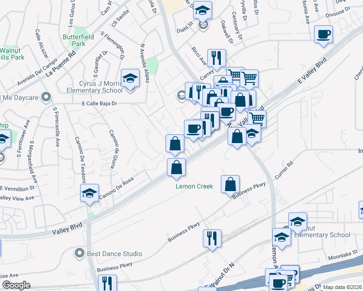 map of restaurants, bars, coffee shops, grocery stores, and more near 542 South Avenida Alipaz in Walnut