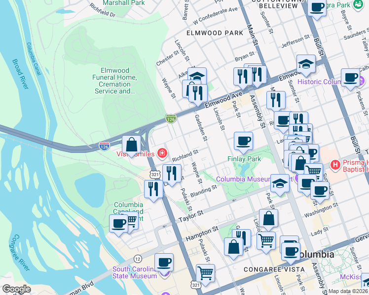 map of restaurants, bars, coffee shops, grocery stores, and more near 613 Richland Street in Columbia