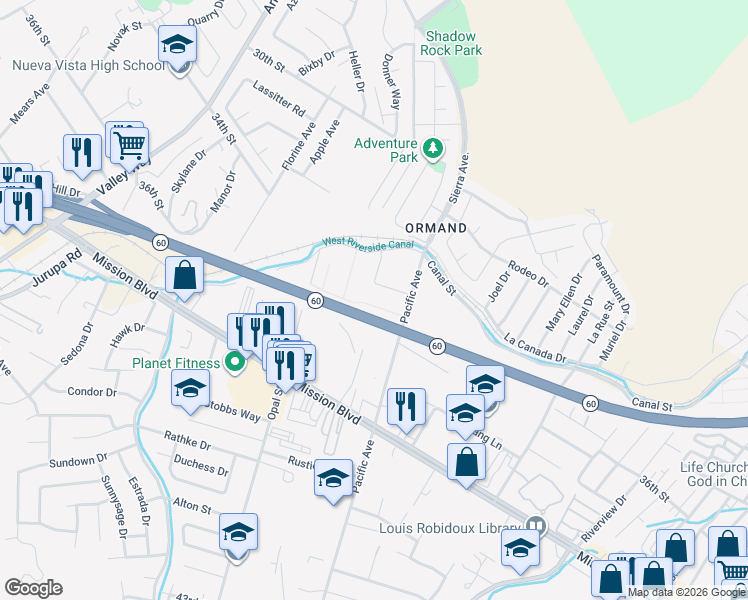 map of restaurants, bars, coffee shops, grocery stores, and more near 3351 Lakota Lane in Jurupa Valley