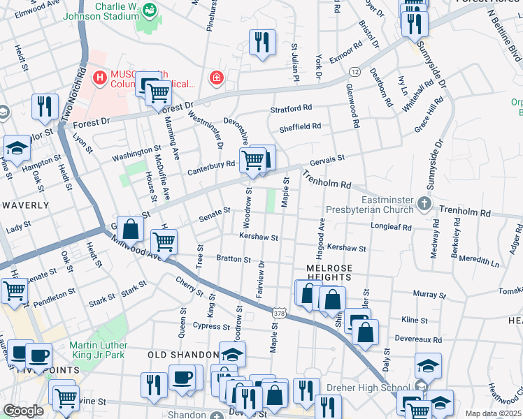 map of restaurants, bars, coffee shops, grocery stores, and more near 1416 Fairview Drive in Columbia