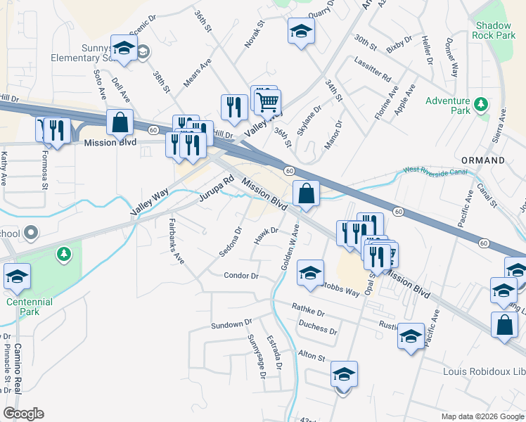 map of restaurants, bars, coffee shops, grocery stores, and more near Jewel Street in Jurupa Valley