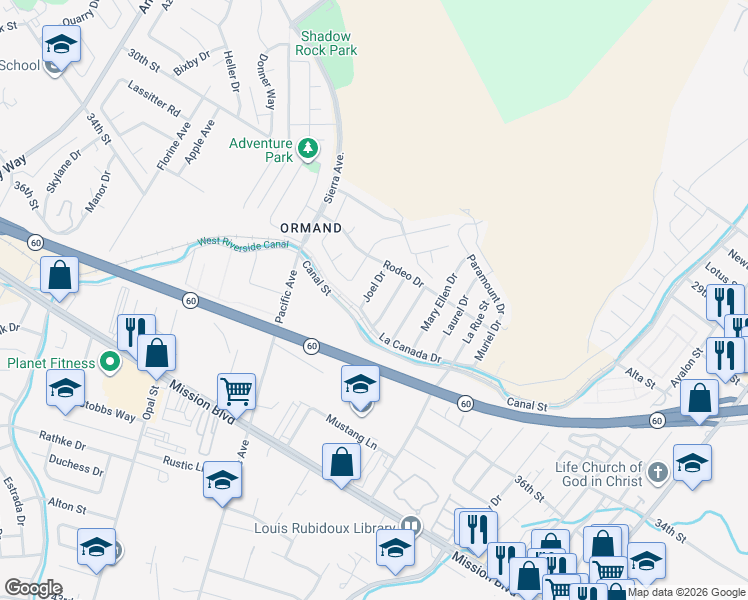 map of restaurants, bars, coffee shops, grocery stores, and more near 3347 Beatrice Drive in Riverside