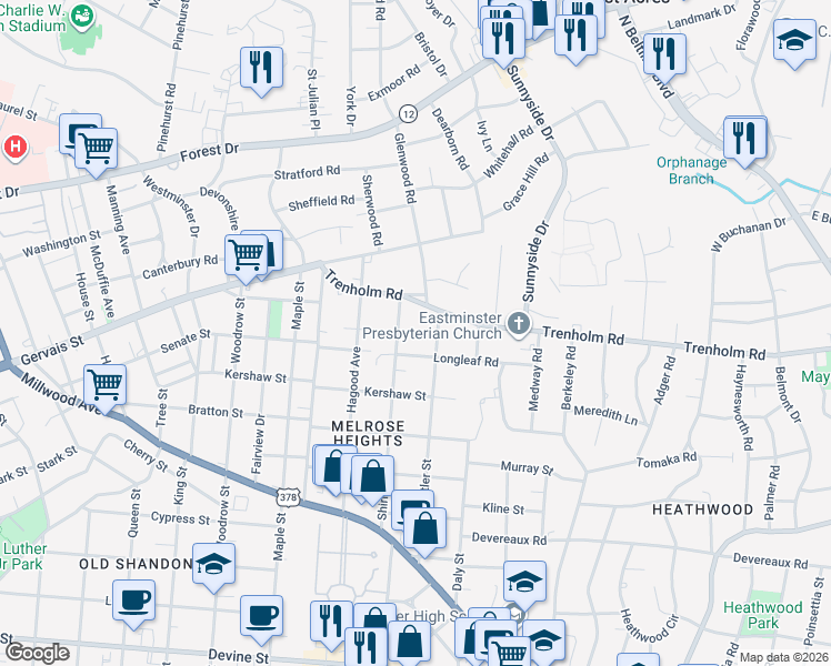map of restaurants, bars, coffee shops, grocery stores, and more near 1501 Butler Street in Columbia