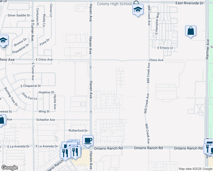 map of restaurants, bars, coffee shops, grocery stores, and more near 3463 E Moonstone Drive in Ontario