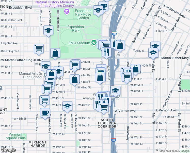 map of restaurants, bars, coffee shops, grocery stores, and more near 544 West 41st Drive in Los Angeles