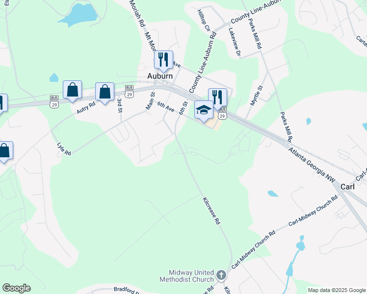 map of restaurants, bars, coffee shops, grocery stores, and more near 63 6th Street in Auburn