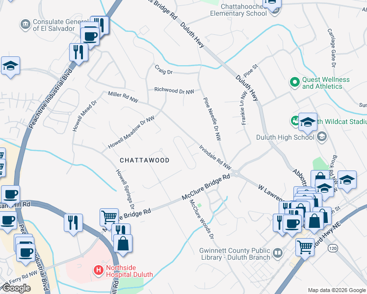 map of restaurants, bars, coffee shops, grocery stores, and more near 4035 Ivy Run Circle in Duluth
