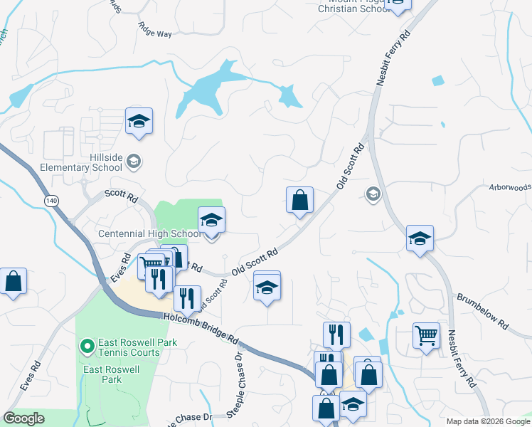map of restaurants, bars, coffee shops, grocery stores, and more near 185 Shadow Creek Chase in Alpharetta