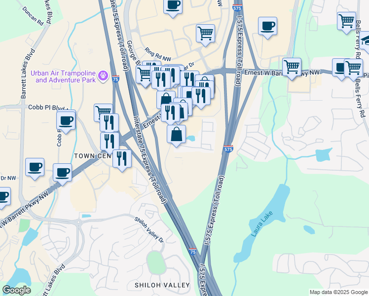 map of restaurants, bars, coffee shops, grocery stores, and more near 543 Roberts Court in Kennesaw