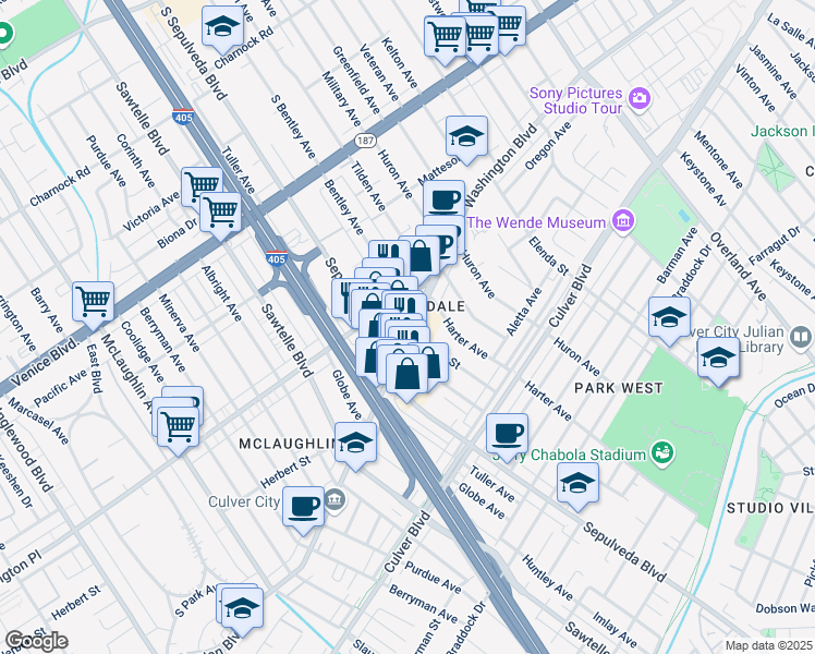 map of restaurants, bars, coffee shops, grocery stores, and more near 11141 Washington Boulevard in Culver City