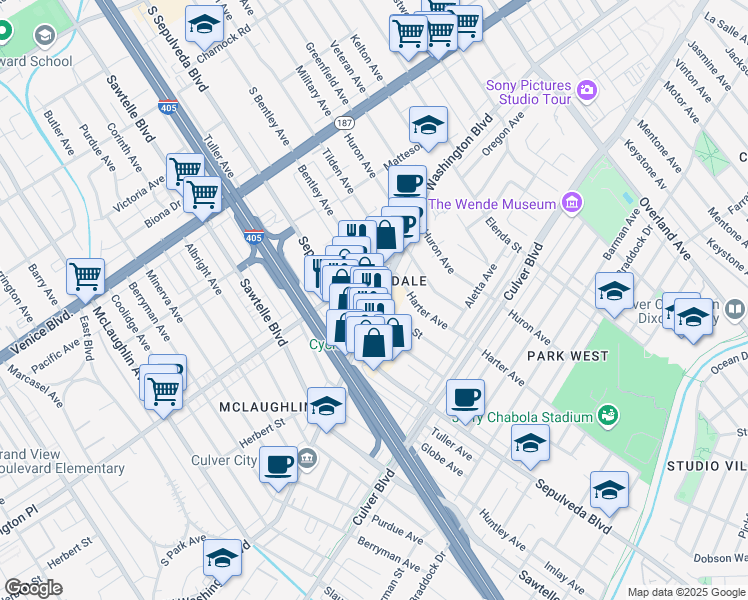 map of restaurants, bars, coffee shops, grocery stores, and more near 11141 Washington Boulevard in Culver City