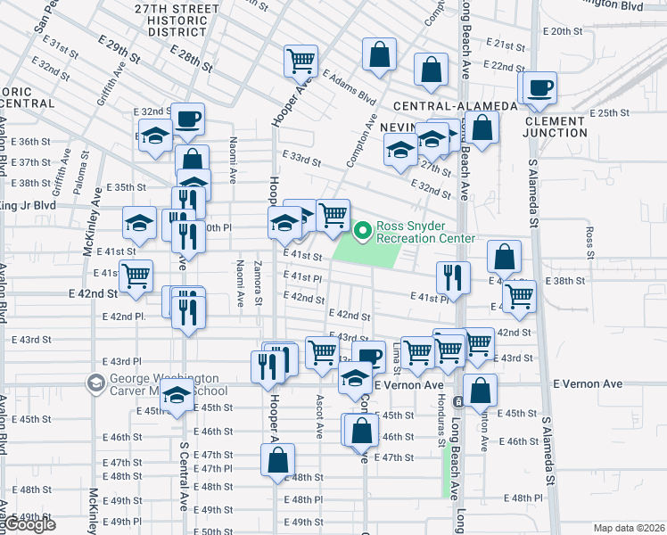 map of restaurants, bars, coffee shops, grocery stores, and more near 1372 East 41st Place in Los Angeles