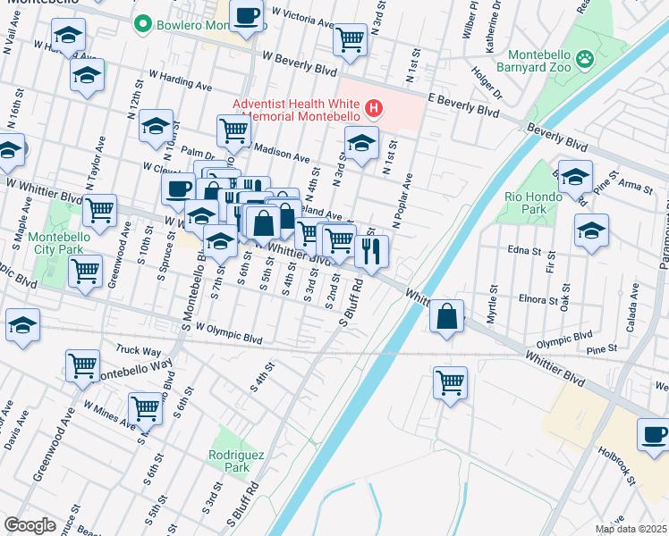 map of restaurants, bars, coffee shops, grocery stores, and more near 201 West Whittier Boulevard in Montebello