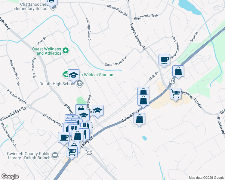map of restaurants, bars, coffee shops, grocery stores, and more near 3636 South Saint Northwest in Duluth