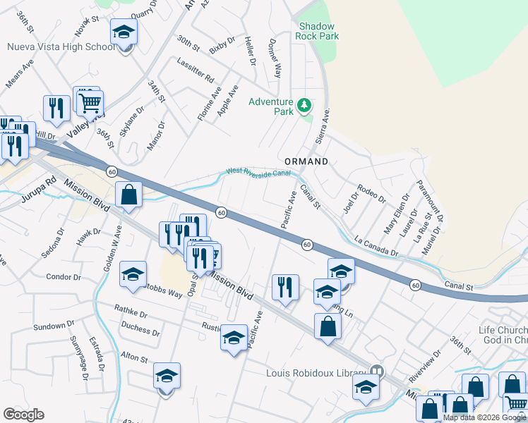 map of restaurants, bars, coffee shops, grocery stores, and more near 6164 Sequanota Drive in Jurupa Valley