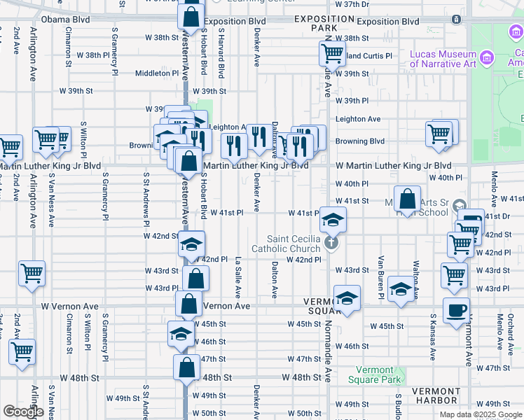 map of restaurants, bars, coffee shops, grocery stores, and more near 4163 Denker Avenue in Los Angeles