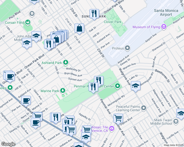 map of restaurants, bars, coffee shops, grocery stores, and more near 3218 18th Street in Santa Monica