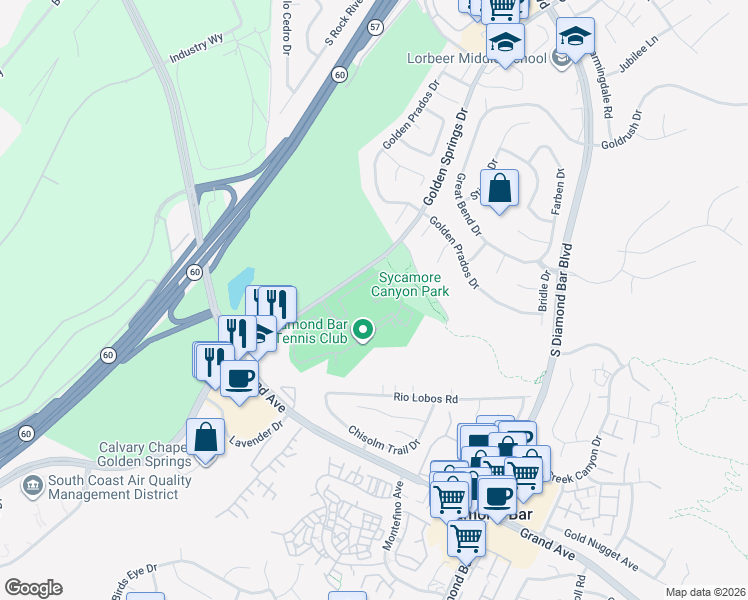 map of restaurants, bars, coffee shops, grocery stores, and more near 22840 Hilton Head Drive in Diamond Bar