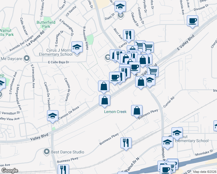 map of restaurants, bars, coffee shops, grocery stores, and more near 542 South Avenida Alipaz in Walnut