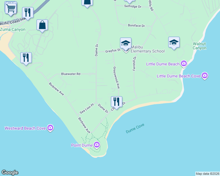 map of restaurants, bars, coffee shops, grocery stores, and more near 7111 Grasswood Avenue in Malibu
