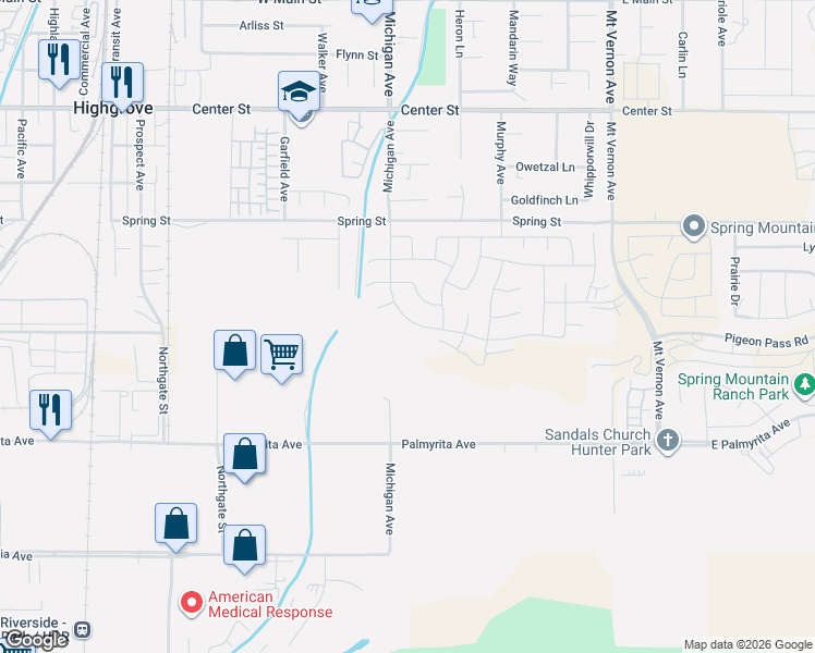 map of restaurants, bars, coffee shops, grocery stores, and more near 475 Palmyrita Avenue in Riverside