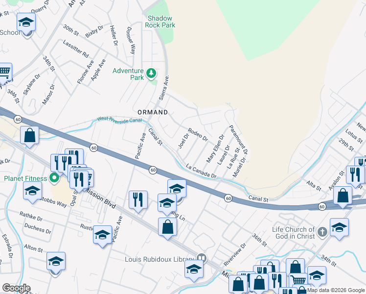 map of restaurants, bars, coffee shops, grocery stores, and more near 3347 Beatrice Drive in Riverside