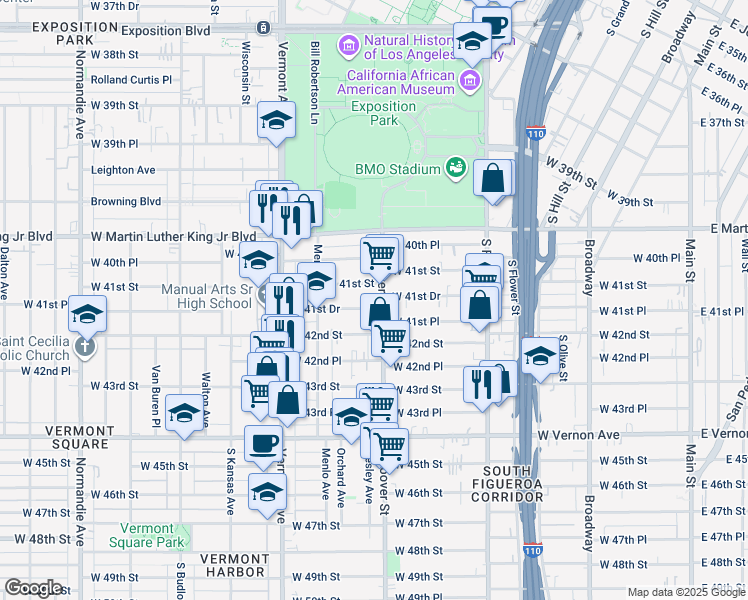 map of restaurants, bars, coffee shops, grocery stores, and more near 737 West 41st Place in Los Angeles