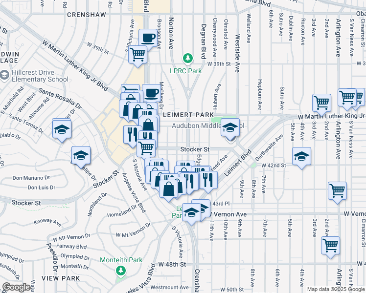 map of restaurants, bars, coffee shops, grocery stores, and more near 4212 South Norton Avenue in Los Angeles