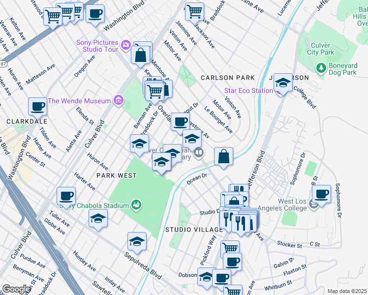 map of restaurants, bars, coffee shops, grocery stores, and more near 4911 Overland Avenue in Culver City