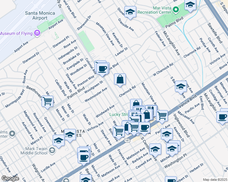 map of restaurants, bars, coffee shops, grocery stores, and more near 3605 South Centinela Avenue in Los Angeles