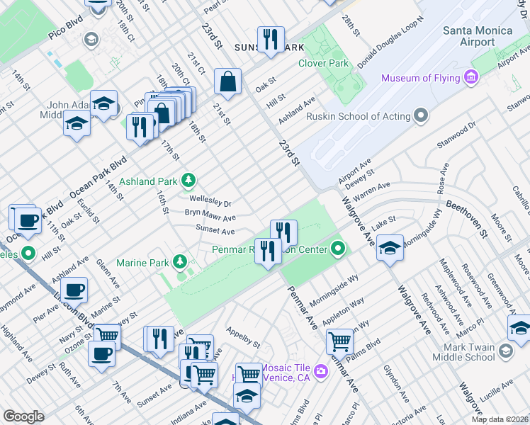 map of restaurants, bars, coffee shops, grocery stores, and more near 3218 18th Street in Santa Monica