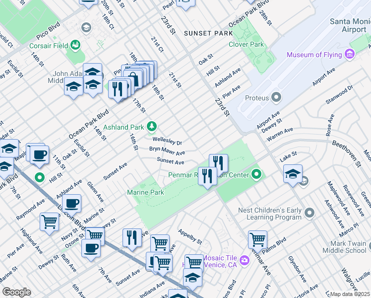 map of restaurants, bars, coffee shops, grocery stores, and more near 1744 Bryn Mawr Avenue in Santa Monica