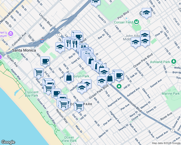 map of restaurants, bars, coffee shops, grocery stores, and more near 2414 7th Street in Santa Monica