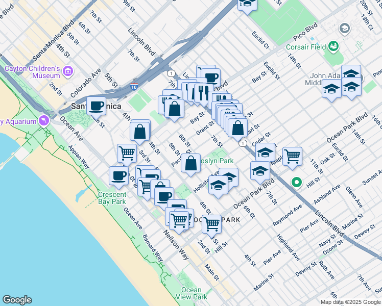 map of restaurants, bars, coffee shops, grocery stores, and more near 2219 5th Street in Santa Monica