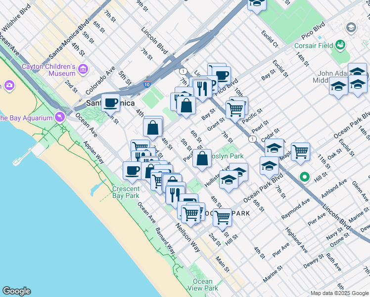map of restaurants, bars, coffee shops, grocery stores, and more near 409 Pacific Street in Santa Monica