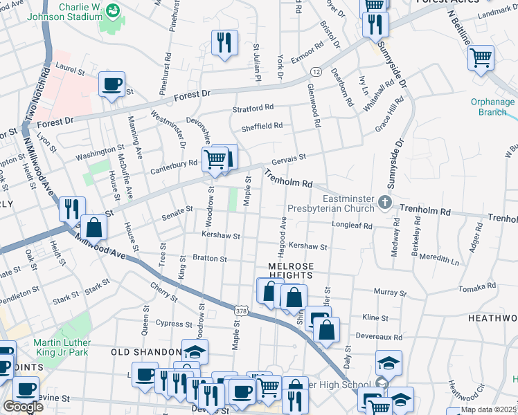 map of restaurants, bars, coffee shops, grocery stores, and more near 1427 Gladden Street in Columbia