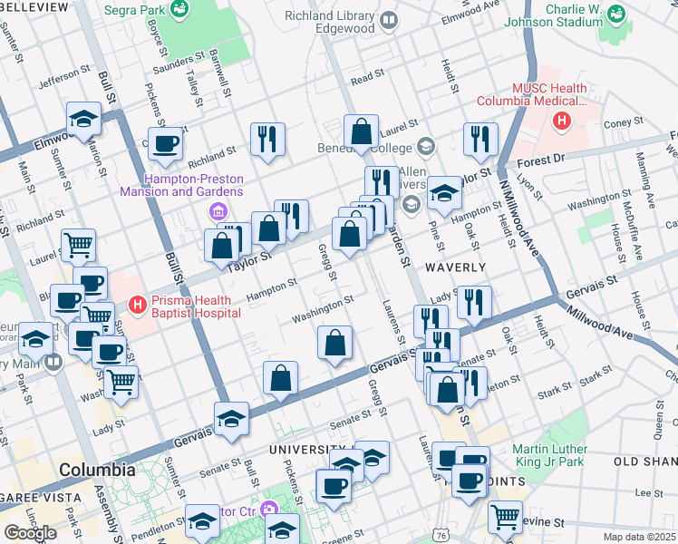 map of restaurants, bars, coffee shops, grocery stores, and more near 1427 Gregg Street in Columbia