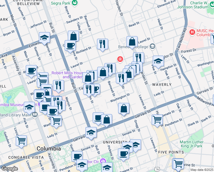 map of restaurants, bars, coffee shops, grocery stores, and more near 1705 Hampton Street in Columbia